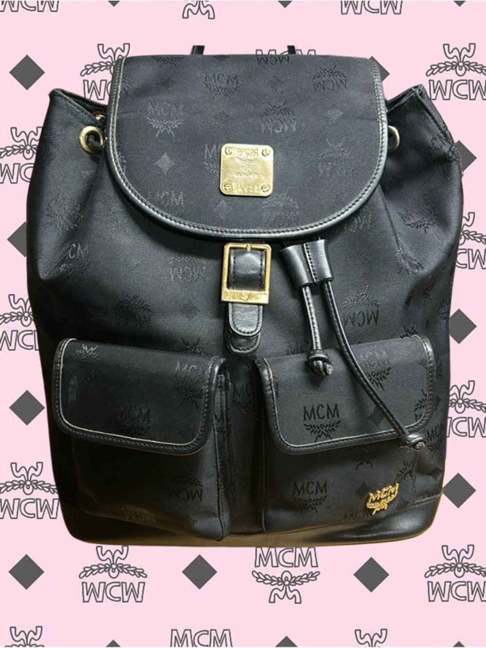 MCM Black Nylon Logo Drawstring Backpack with Gold Hardware